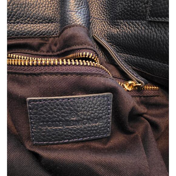 Tote LE Monde Pebbled Leather Navy Roma Cinch Bucket Shoulder Purse Gold - Picture 4 of 8